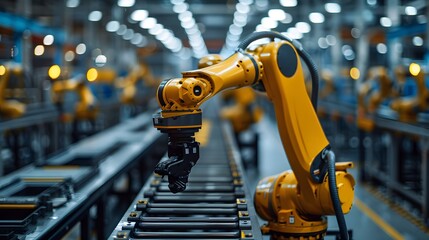 Aan industrial robot arm in an electric vehicle production line, picking parts from the conveyor belt. The photograph was taken with a telephoto lens in natural lighting.