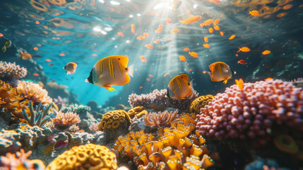 Fototapeta premium Tropical sea underwater fishes on coral reef. Aquarium oceanarium wildlife colorful marine panorama landscape nature snorkeling diving