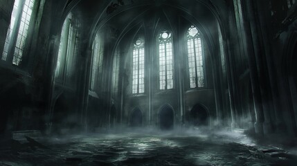 An eerie, abandoned cathedral interior with tall arched windows, gothic architecture, and a foggy, dimly lit atmosphere.