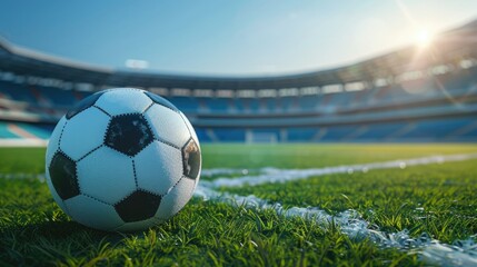 Fototapeta premium A soccer ball lies on the grass in front of an empty stadium, where the blue sky and sunlight shine, creating a cinematic feel. The background is blurred to highlight the foreground subject.