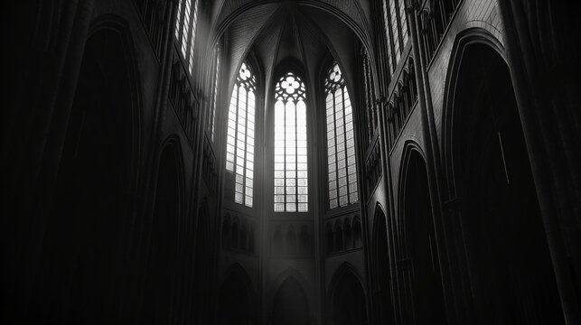 Black and white photograph of a gothic cathedral interior with tall arched windows and intricate architectural details casting dramatic shadows.