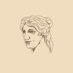 Antique elegant woman with flower ornament. Vector line illustration.