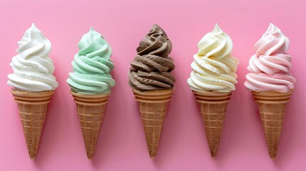 pastel colored background, ice cream cones with various soft ice cream toppings.
