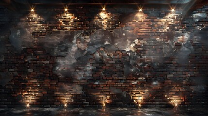 Obraz premium An old brick wall with lights shining on it, creating the illusion that light is emanating from within the walls. This scene captures a rustic and industrial atmosphere.