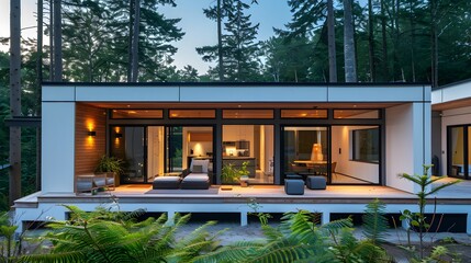 A picturesque view of a modern cottage nestled in a serene forest setting, showcasing a sleek white and grey exterior. reflecting a blend of contemporary and rustic charm.