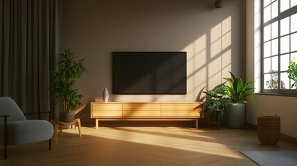 Fototapeta premium Modern living room with a minimalist design, featuring a wall-mounted TV, wooden furniture, indoor plants, and large windows letting in natural light.