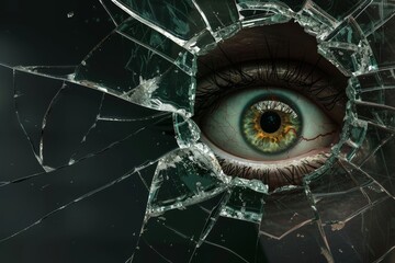 Surreal eye looking through a cracked hole in shattered glass