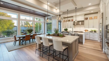 Fototapeta premium Modern open-concept kitchen with a large island, pendant lighting, and white cabinetry, adjacent to a dining area with large windows showcasing a scenic view.