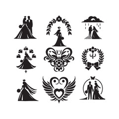 Fototapeta premium bride & groom, unique floral half moon love black vector silhouette bride groom unique design icons bundle silhouette vector image with withe backgrounds 