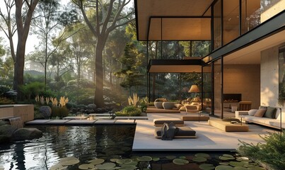 Fototapeta premium Sleek glass house with unobstructed nature views.
