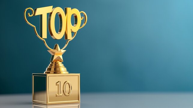 Golden Top 10 Award Trophy on Blue Background Representing Achievement and Excellence