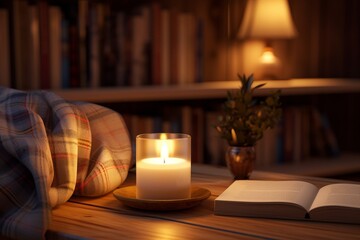 Wooden table with a candle in a glass, a book, flowers in a vase, a blanket on a blurred background of books. The concept of a hygge, cozy pastime, a favorite corner in the house.
