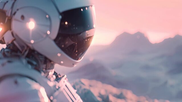 A man in a space suit stands confidently on a mountain peak, overlooking the vast landscape, An AI-powered robot exploring a virtual reality landscape