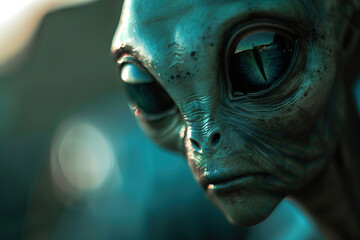 Obraz premium Captivating close-up of an alien head with large eyes, detailed textures, and a shallow depth of field. Perfect for sci-fi and extraterrestrial themes.