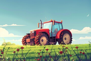 Obraz premium Illustration of a red tractor working in a field. Agricultural business development concept