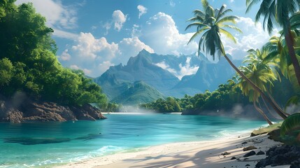 A tropical island with palm trees and clear blue water, surrounded by mountains. This scene captures a serene atmosphere that makes for a perfect holiday spot or travel backdrop.