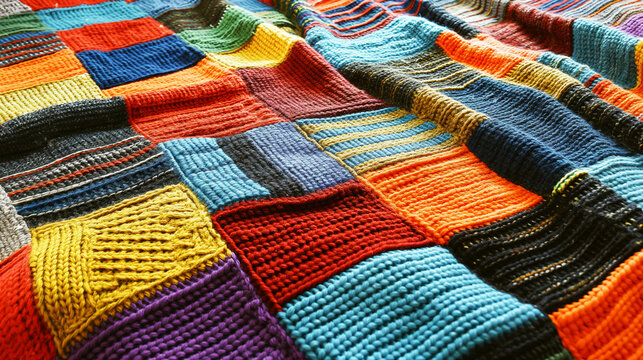 Colorful patchwork quilt with various knitted patterns and textures, featuring vibrant squares in different colors.