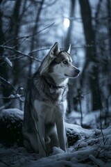 Portrait of a Husky Dog in Winter Forest Under Moonlight
