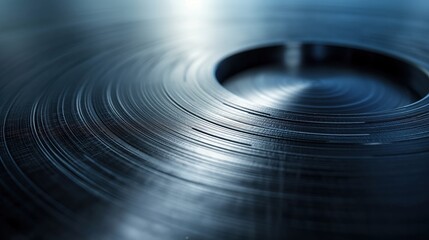 Close-up of the grooves on a vinyl record in bluish lighting, highlighting texture and detail.