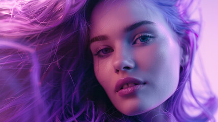 Fototapeta premium A close up of a girl's face with an unusual violet-blue hair color. The concept of improving the appearance of hair, revealing femininity and attractiveness, developing the hairdressing business. 