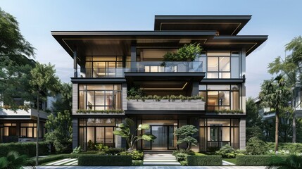 Fototapeta premium Modern three-story home, tropical style architecture, dark wood and glass facade surrounded by trees and plants, front yard landscaping.
