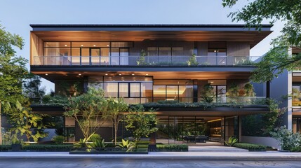 Obraz premium Modern three-story home, tropical style architecture, dark wood and glass facade surrounded by trees and plants, front yard landscaping.