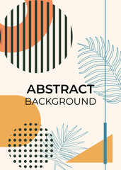 Obraz premium Modern abstract covers , minimal style with geometric shapes. Colorful background with tropic leaves. Good for poster, card, invitation, flyer, cover, banner, placard, brochure