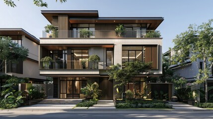 Fototapeta premium Modern three-story home, tropical style architecture, dark wood and glass facade surrounded by trees and plants, front yard landscaping.