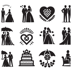 bride & groom, unique floral half moon love  black vector silhouette bride groom unique design icons bundle silhouette vector image with withe backgrounds