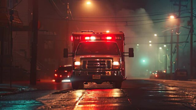 A fire truck with flashing lights and sirens blazing rushes down a street at night, An ambulance siren blaring through the night