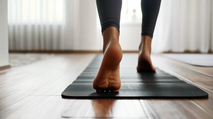 Close-up view of bare feet walking on a yoga mat in a softly lit indoor space.