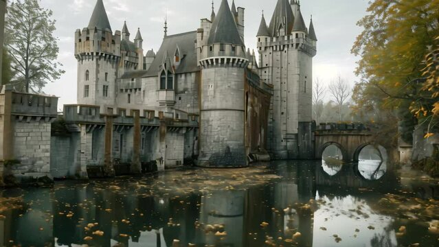 Stone castle with turrets and bridge over water, An ancient stone castle with towering turrets and a moat