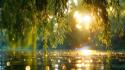 Fototapeta premium A willow tree hanging down with green leaves, with sunlight shining through the branches and foliage onto sparkling water in front. This scene evokes feelings of tranquility and nature's beauty.