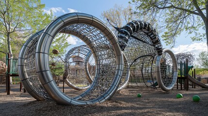 Modern playground with innovative circular climbing structures and slides under a clear blue sky.