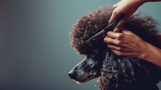 a woman combing a dog with a comb and comb