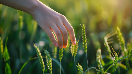 Woman's hand touching spikelets of wheat on the field. Selective focus.