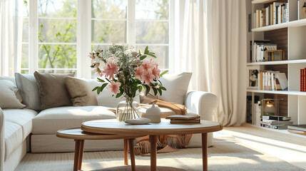Interior of living room with comfortable sofa and vase with flowers