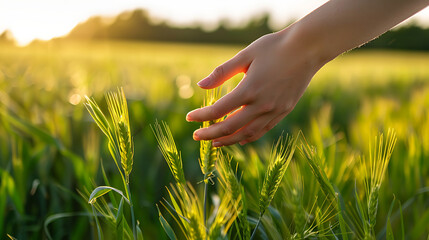 Woman's hand touching spikelets of wheat on the field. Selective focus.