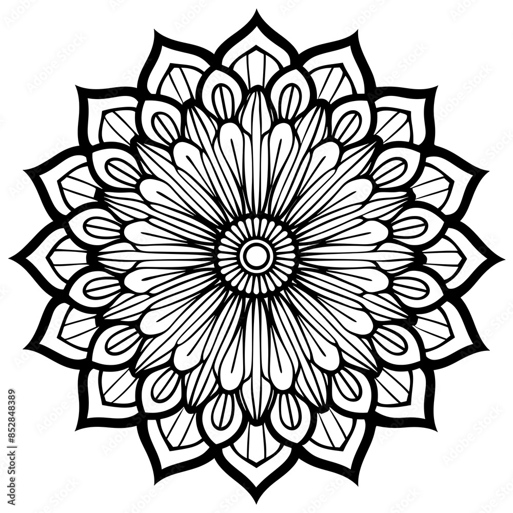 Poster Simple black mandala with abstract elements, isolated on white background. Oriental ethnic ornament black mandala. Design pattern element. Simple floral pattern element. Abstract design.