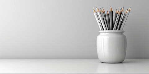 A simple white holder with white and gray sharpened pencils against a light background, suggesting clarity and organization. ideal for educational and professional contexts or back to school theme.