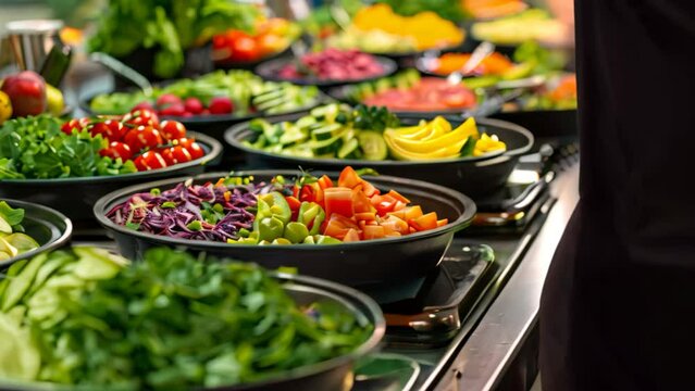 A buffet table laden with an assortment of healthy salads and fresh fruits for a vibrant spread, An array of healthy salads and fresh fruits on a well-organized buffet line