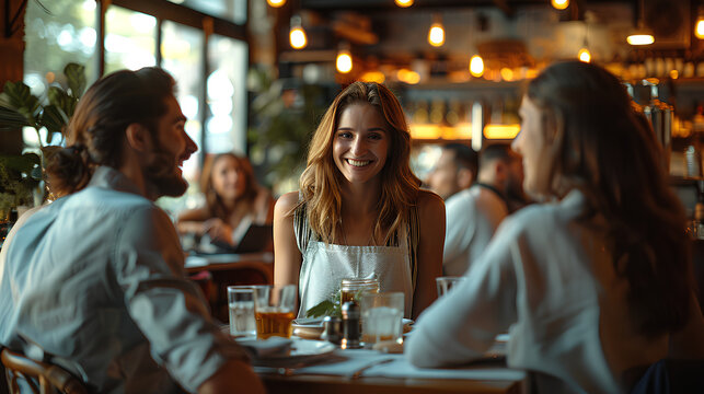 Polite and friendly waiters serve customers in the restaurant room
