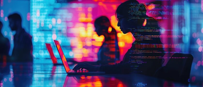 Teamwork and collaboration in tech environment, close up, focus on, saturated and bold colors, Double exposure silhouette with laptops and code