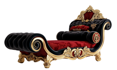 Luxury rococo chaise with black and red upholstery isolated on transparent background. Regal red cushioned chaise lounge with gold frame.