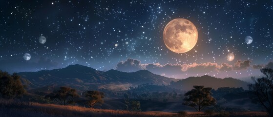 Fototapeta premium Full moon illuminates night sky filled with twinkling stars, casting soft glow over landscape