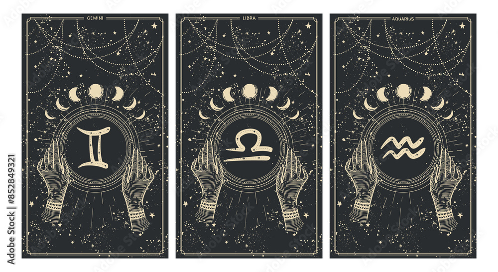 Wall mural gemini, libra, aodolay, set of cards with zodiac signs in vintage style on black background. vintage - Wall murals