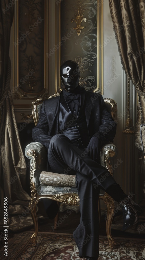 Wall mural a man in a black suit and mask sits in a gold chair - Wall murals