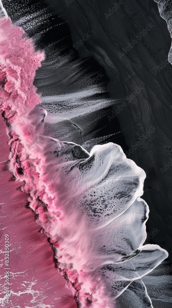 Canvas Prints A black and white photo of a pink and white wave crashing on a beach