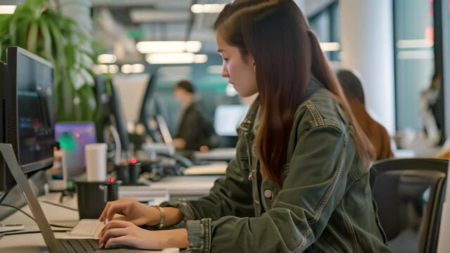 An Asian woman is sitting at a desk, using a laptop computer for coding and programming, An Asian woman developer coding on a sleek laptop in a modern office setting