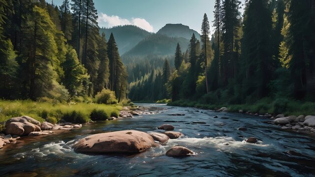 Mountain River Flowing Through Dense Pine Forest in a Serene Landscape
